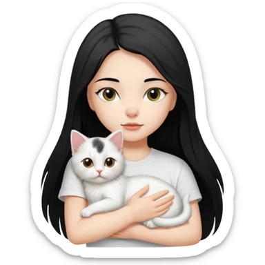 a girl with long dark black straight hair, in a white t-shirt, hugs a persian kitten 3 months old had a half spot black on her face and white one cat. emoji | AI Emoji Generator sticker