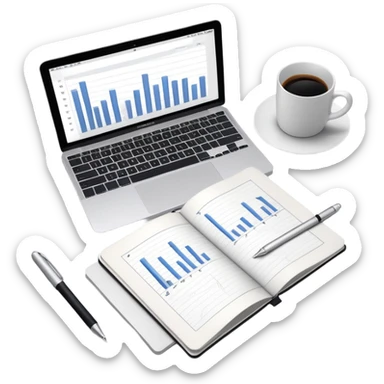 top view of a MacBook, open notebook with visible handwritten bar charts, and pen beside them sticker