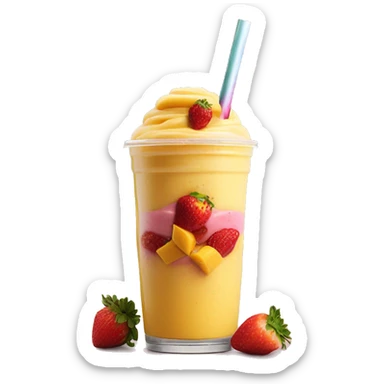 a mix smoothie with 3 layors strawberry smotthie on top mango smoothie in the middle and mango chunks at the botto sticker