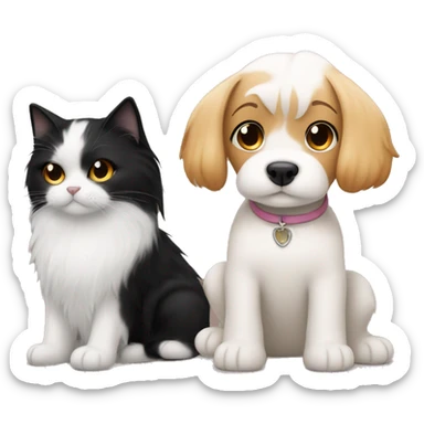 A girl with black hair cuddles a Maltese dog and ginger cat side by side  sticker