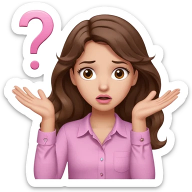 girl with wavy long brown hair, brown eyes, light to medium complexion, long lashes, light pink lipstick, wearing light pink shirt, shrugging with both hands, confused, question mark sticker