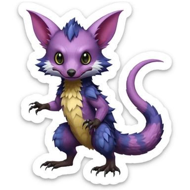 Realistic scaly swampy elemental detailed Colorful Trico-Noibat-batty-Sergal-Furret-Ferret-Wolverine-Vernid-furry-fursona-fusion-Fakemon-animal-hybrid-creature, full body sticker