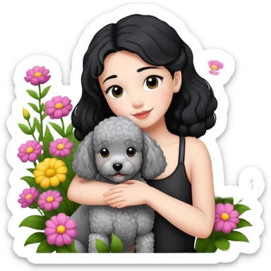 A beautiful girl with black ponytail happily hugs a gray poodle in the flowers sticker