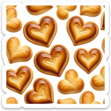 Cinematic crisp palmier, golden-brown heart-shaped pastries, perfectly caramelized layers, delicate and flaky, warm glowing background, inviting and delicious. sticker