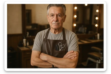 huddi shu odamni qariroq va soqolsiz tasvirlab ber o'zgartirib realistik qilib orqa fon sartaroshxona belidan sal pastroqqacha  sticker