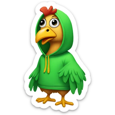 A one eyed guy with a green hoodie wearing a chicken suit sticker