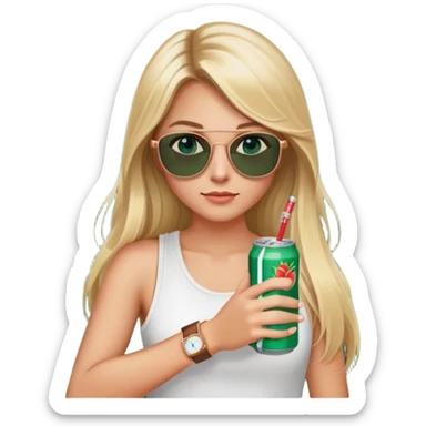 girl with long blond hair
with blue eyes
and aviator sunglasses
wearing white tank top 
holding one soda can without straw
wearing (rose gold apple watch with forest green band) sticker