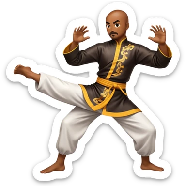 Cinematic Realistic Kung Fu Action Emoji, depicted as an epic martial arts scene with a master executing a precise move in traditional attire, rendered with fluid motion and vibrant textures under dramatic high-contrast lighting. sticker