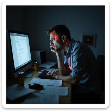 realistic tired overworked man at a cluttered desk late at night, surrounded by paperwork, glowing computer screen, energy drinks, deep fatigue, dark circles, slouched posture, subtle red glows on heart, head, gut indicating health risks, harsh cold lighting, burnout theme, moody atmosphere sticker