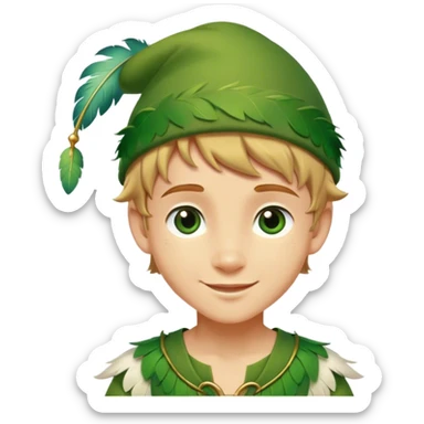Cinematic Realistic Peter Pan Portrait, depicted with lifelike, youthful skin touched by a gentle sun-kissed glow. His bright, expressive eyes and confident smile evoke a timeless sense of wonder. Dressed in his iconic green tunic and feathered cap, every detail is rendered with soft, natural lighting that highlights his blend of innocence and courageous spirit. sticker