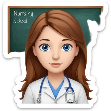 inside a classroom at university that says nursing school on the board with a pretty female nursing student with long brown hair, blue eyes sticker