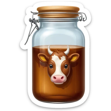 beef stock in a glass jar, brown liquid, label with cow icon, emoji style sticker
