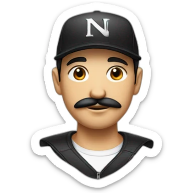 A round-headed man with thin black hair mustache and a black cap with the initials "NE" on it sticker