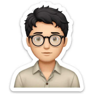 Torso view of young man with black wavy hair, round glasses, casual buttoned shirt, no tie sticker