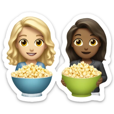 blonde with short hair and brunette with long hair eating popcorn sticker