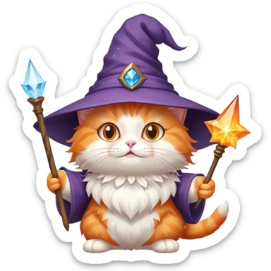 A cute cat with a pointy wizard hat and magic wand casting a spell sticker