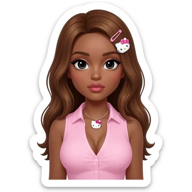 Long lashes, my melody hairclip, Doll faced shaped, hello kitty necklace, bimbo, black doll eyes, Big lips barbie, long dark brown skin with honey brown hair, light pink sleeveless shirt, big breast sticker