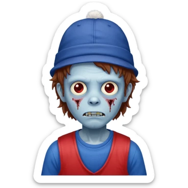 brown fluffy hair zombie with blue and white hat dark blue jilet red t shirt sticker