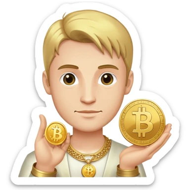 Artur the Prince holding a YUSRA cryptocurrency coin sticker