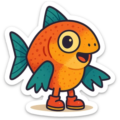 small cute funny cartoon animal with shark-like hands and fish-like features, wearing tiny shoes, bright colors, detailed textures, playful and curious expression sticker
