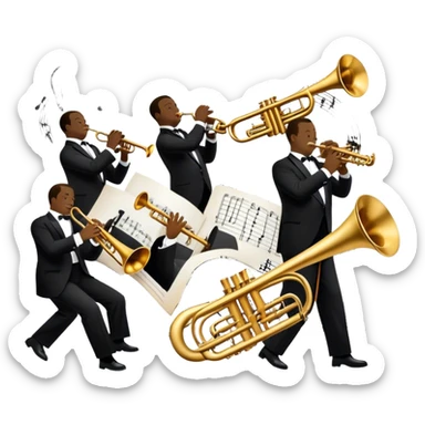Icon for Jazz Music: collage of Louis Armstrong with his trumpet and Glenn Miller with his orchestra. Silhouettes of musicians, brass instruments, and musical notes. The design should convey the classic, smooth vibe of jazz. Transparent background. sticker