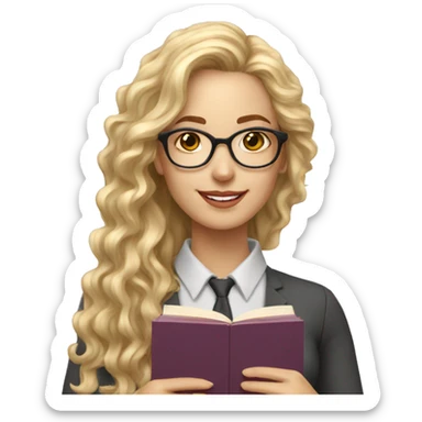Woman teacher blonde long curly hair glasses with book sticker