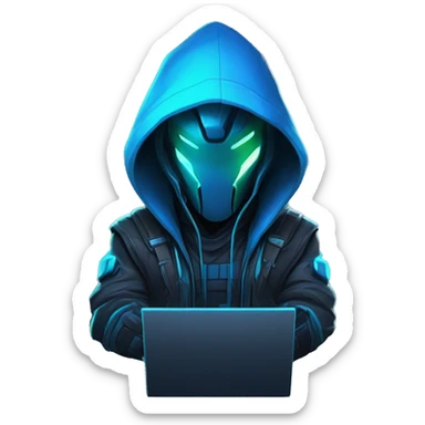 developer behind his laptop with this style : crysis Cyberpunk Riot Games Valorant neon glowing bright blue character blue black hooded assassin themed character sticker