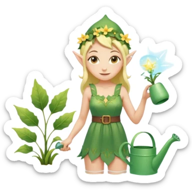 elf female tending to glowing beach plants, floral sundress, watering can or magic light, pointy ears, gentle smile, centered emoji, pastel magic sticker