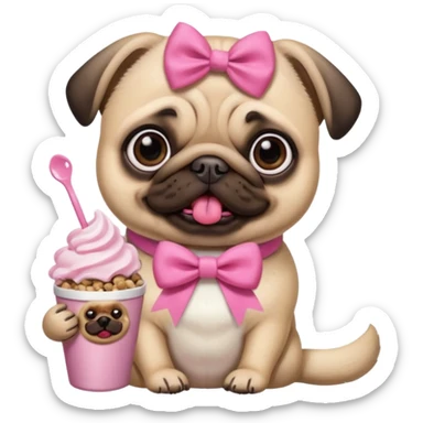 Pug com laço Rosa comendo ração  com chantilly Rosa sticker