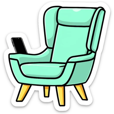 angled smartphone in foreground displaying armchair product page, with sparkle effect on the left side sticker