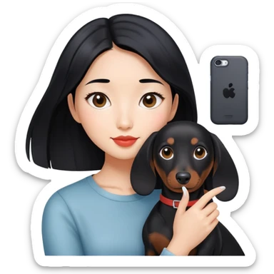 black hair asian girl taking selfie with black dachshund sticker