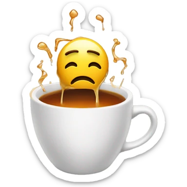 An emoji melting in a cup of tea tired from stress and worldliness, show a mess on top of head to represent stress sticker