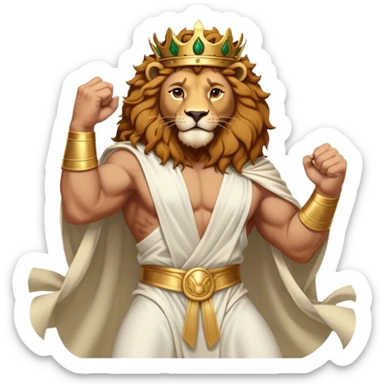 Cinematic Realistic Hercules Portrait, captured in a dramatic lion-wrestling pose that epitomizes raw, heroic strength. His light tan, athletic skin and thick, curly, golden brown hair are showcased as he grapples with a majestic lion, his refined face reminiscent of Michelangelo's David marked by noble determination. Draped in a flowing white robe with understated golden accents and crowned with a classic Greek laurel wreath, dynamic natural lighting accentuates every muscular contour and fierce, commanding expression, embodying the essence of ancient valor. sticker