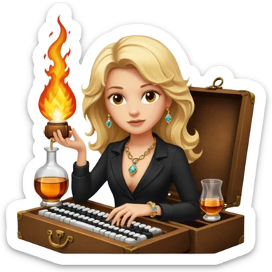 A sketchnote illustration rendered in a strong moody style, featuring a blonde woman with cascading gorgeous hair, a keyboard, a whiskey bottle, a key, a jewelry box, and fire elements against a black background. The lighting is low with low contrast, emphasizing dramatic shadows. sticker