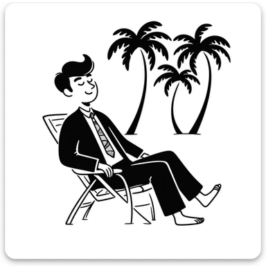 hand-drawn blonde man in business suit sitting on beach chair with palm trees, on vacation sticker