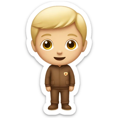 A little white boy with blond hair, in brown pajamas with a teddy bear in his hands sticker