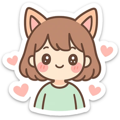 kawaii-style human with fox ears, blushing, surrounded by hearts sticker