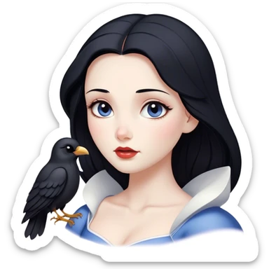 Cinematic Serene Snow White Portrait Emoji, rendered in a simplified vector style. Depict a gentle Snow White (chest and above) with flawless porcelain skin and flowing raven hair, her kind eyes and calm expression exuding a quiet, enchanting charm. The image glows softly with an inviting, pure light and is outlined with a subtle glow. sticker