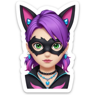 Girl with green eyes, wearing a bat mask with pink stones around her eyes, her hair tied in a ponytail, the hair is purple with blue and pink streaks, with black cat ears with pink stones around, wearing a black shirt that covers the neck, and a sleeveless blue jacket, and a necklace of pink stones sticker