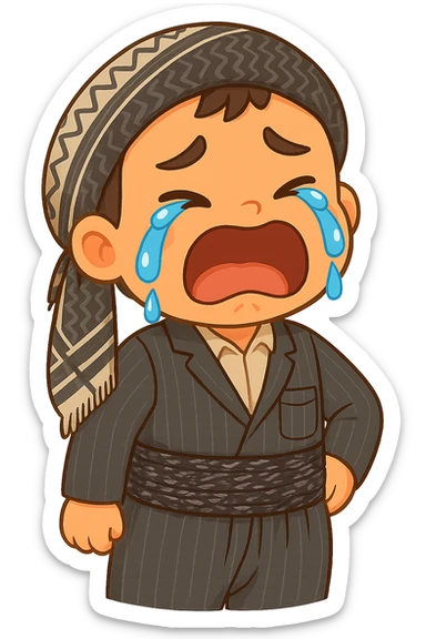 Cartoon Kurdish child sticker with the same clothes and scarf as the reference image (no changes to clothes and scarf), sad face with crying expression, colorful and cheerful style, no text, suitable for WhatsApp and Instagram, transparent background. sticker