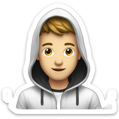 Young white developer with a black hood behind his laptop on a desktop sticker