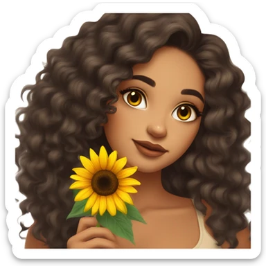 Pretty tan skin Latina with long dark curly hair . Very pretty cat eye makeup . Shes holding a sunflower in her hand  sticker