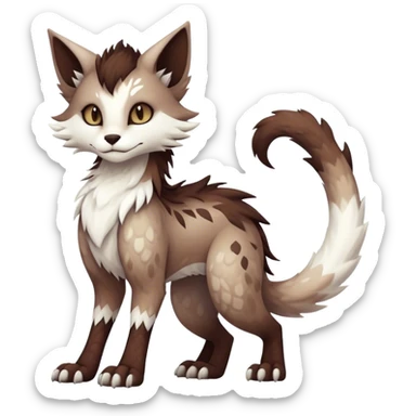 Kawaii dark edgy brown beige white fantasy ethereal feline-vernid-sergal-fursona animal creature with a tufted tail full body with intricate markings  sticker