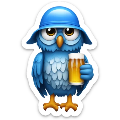 Blue owl wearing a helmet that has drinking straws on the sides to hold beer sticker