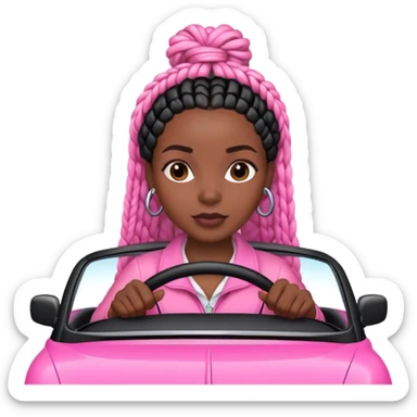 A dark-skinned Black woman with black box braids, driving a pink car sticker