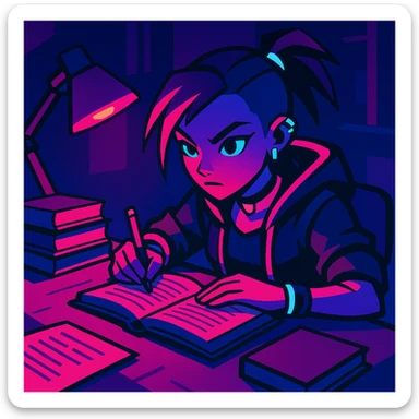 A girl preparing for exams, sitting at a desk with books and notes, looking focused and determined, in a cyberpunk neon style. sticker