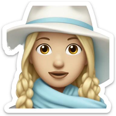 blonde girl in a white hat and pastel blue scarf covering half of her face sticker
