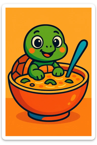 a cartoon turtle sitting in a soup bowl, playful and cute, bright colors sticker