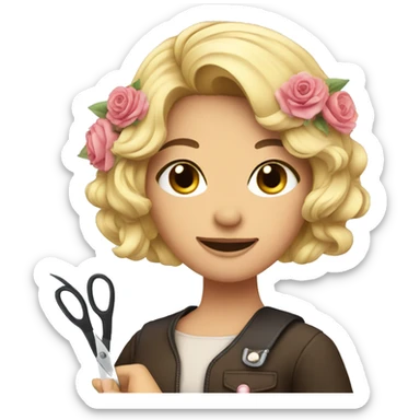 A pretty woman with flowers and scissors sticker