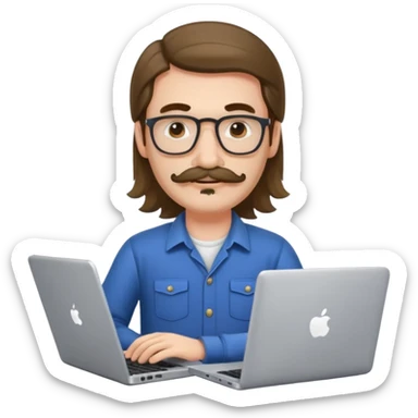 A DEVELOPER WITH A laptop, USING inFORMAL CLOTHES, long hair, mustache sticker